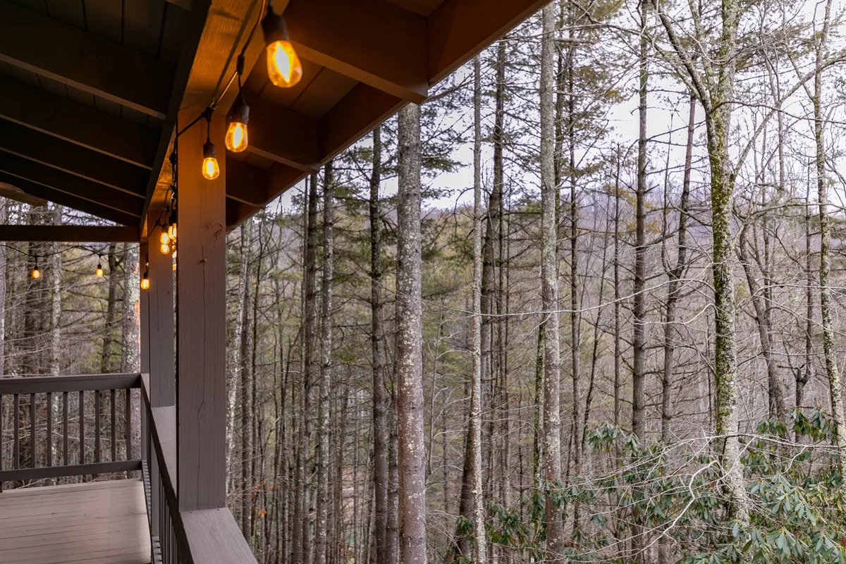 A serene outdoor setting with string lights draped above a wooden railing and a lush forest view beyond. The inviting lighting and secluded feel make it an ideal spot for evening conversations or stargazing under the night sky.